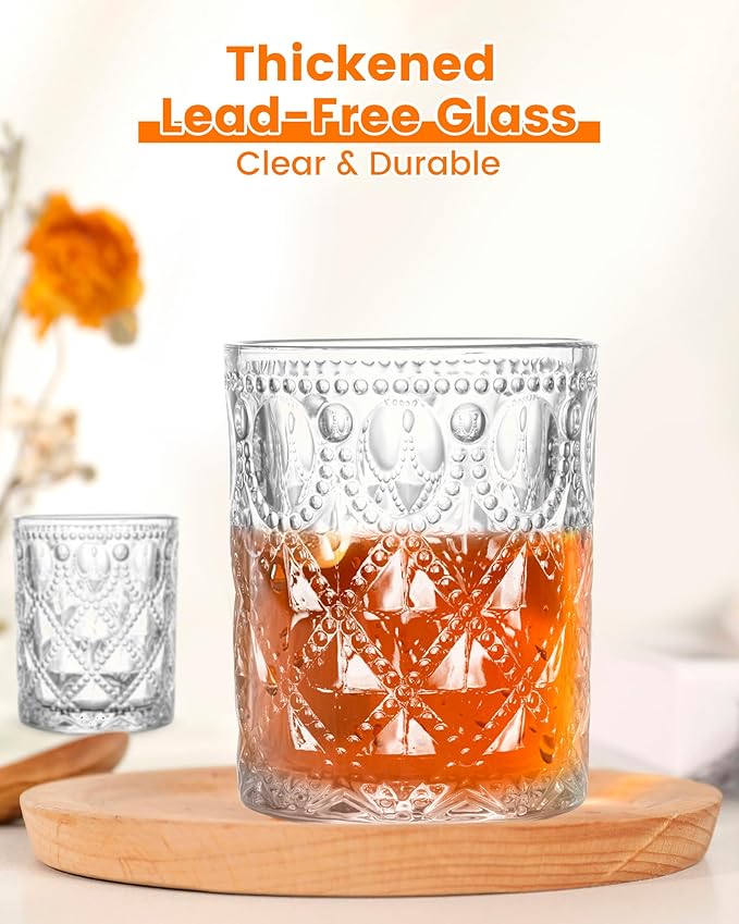 Vintage Diamond-Pattern Drinking Glasses Set of 6 – 12 oz Clear Short Glass Cups – Embossed Retro Glassware for Water, Cocktails, Whiskey, Juice – Thick Clear Glass, Dishwasher Safe