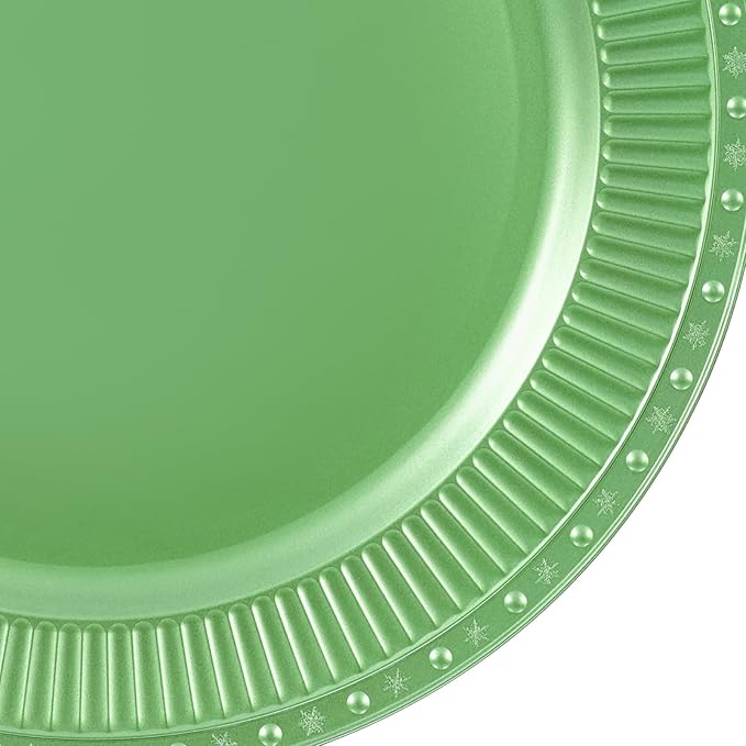 100 PCS Antique Charger Plates, Vintage Round Plastic Dinner Plates with Textured Edges, Stackable Tabletop Chargers for Weddings Parties Restaurants (Green)
