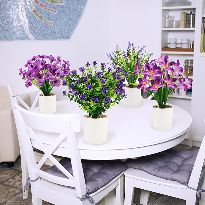 4 Packs Artificial Pot Flowers, Mini Purple Fake Potted Flowers Small Faux Plants Indoor for Home Office Bathroom Farmhouse Tabletop Spring Decor