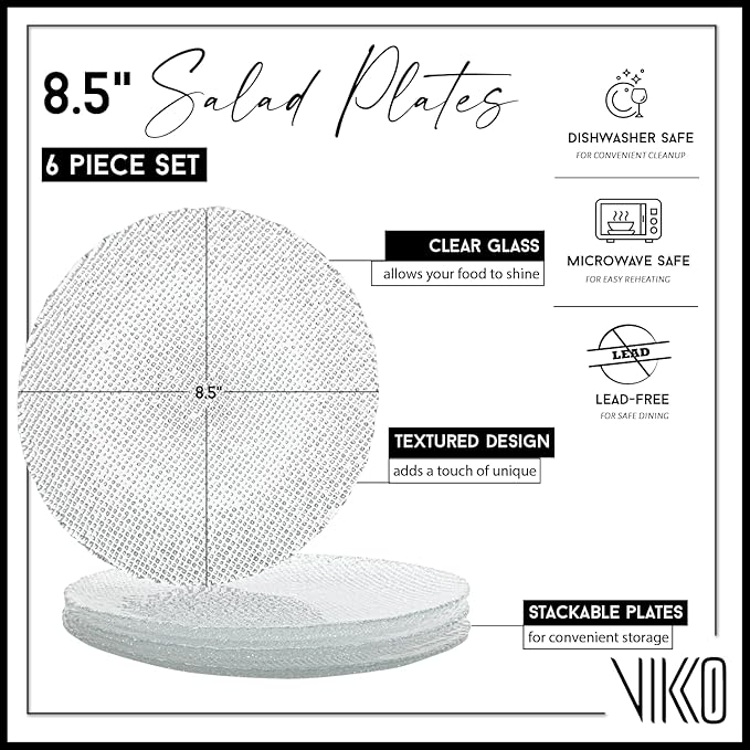 Vikko Salad Plate, Set of 6 Glass Plates, Dessert, Salad, Appetizer Plate, Elegant Textured Glass Design, Stackable 8.5 Inch Plates, Dishwasher Safe