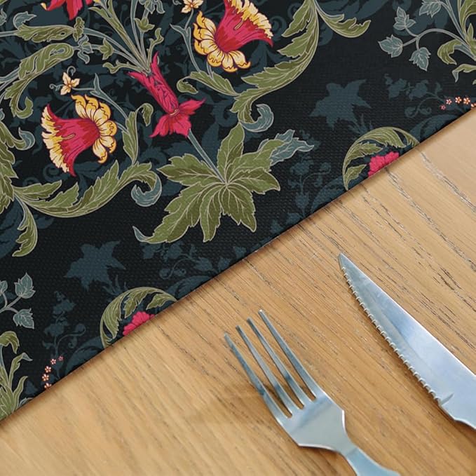 12"x18" Black Navy Red Flowers Damask Leaf Vintage Placemats Set of 4 Washable Thick Place Mats Kitchen Table Mats Decorative Linen Fabric Table Mat for Dining Table Kitchen Home Decor