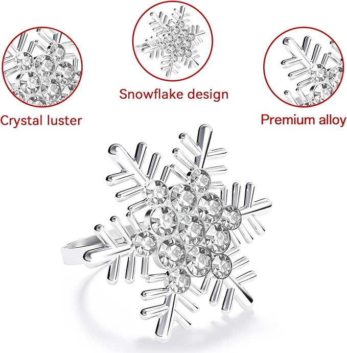 ZeeDix Christmas Silver Snowflake Napkin Rings Set of 12, Napkins Ring for Dinning Table - Rustic Dinner Tables Decoration for Wedding Receptions Christmas Thanksgiving Holiday Party Dinner Parties
