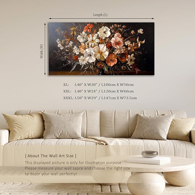 ADJUVANT Wall Art Vintage Floral Bouquet in Vase 40"L x 20"W, Flowers Canvas Painting Botanic Artwork Retro Blossoms Prints Graceful Floral Wall Decor for Living Room Bedroom Dining Room Home Office