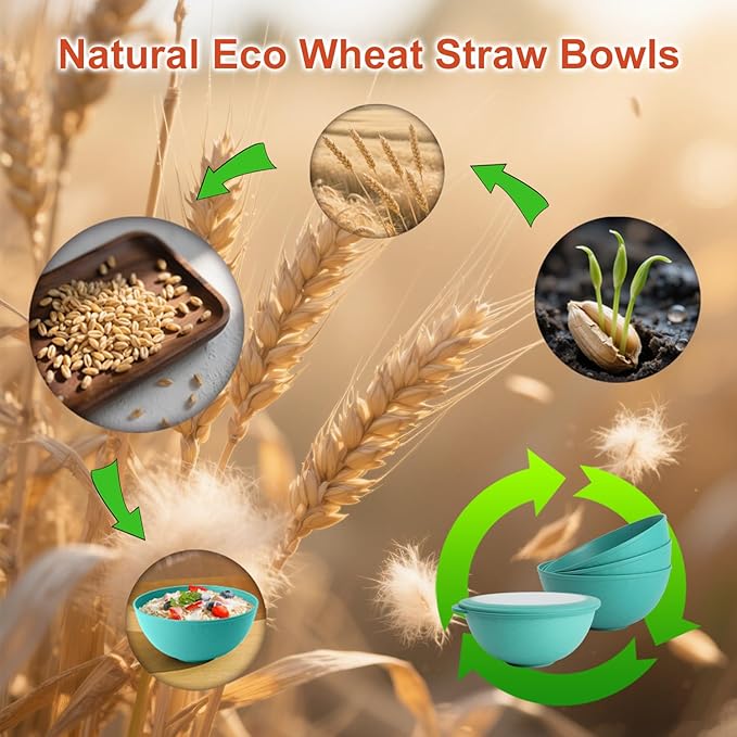 Wrova wheat straw bowls set of 4,40oz unbreakable salad bowl set with cover,alternative plastic bowls with cover for kitchen,party,camping and picnic. Green