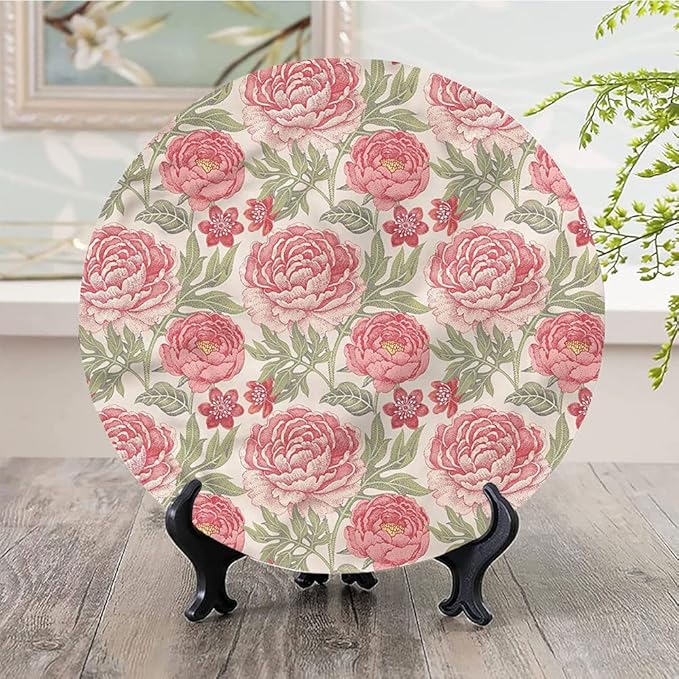 Ceramic Display Plate, Victorian Ceramic Hanging Decorative Plate, Romantic Peonies Botany, 7 Inch, Household Custom Ceramic Plate, Multicolor