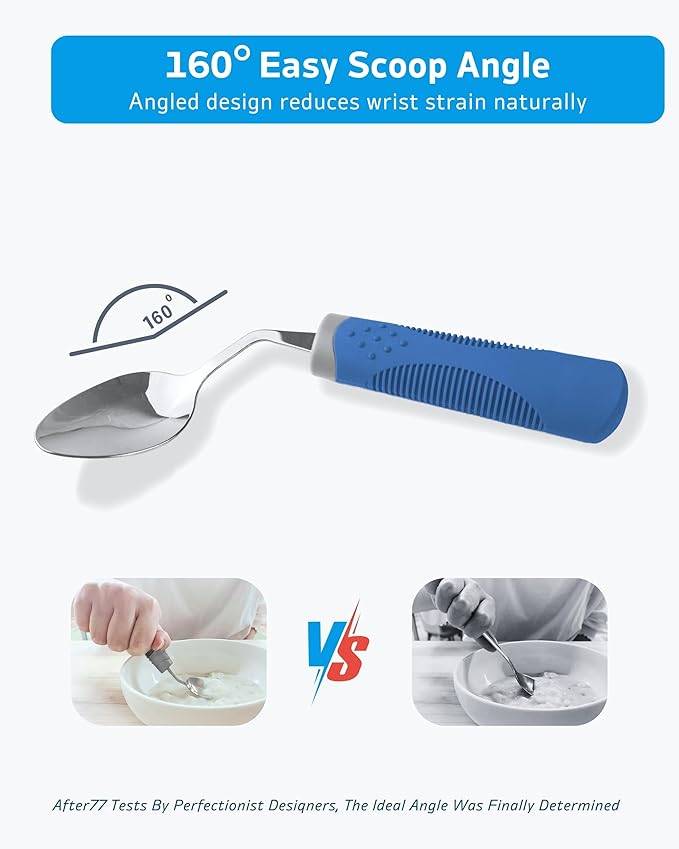 Adaptive Utensils (4-Piece Set) Weighted 7 oz - 42° Angled Utensils for Parkinson's Patients, Hand Tremors, Arthritis & Elderly - Eating Utensils for Elderly (Blue: Right Handed)