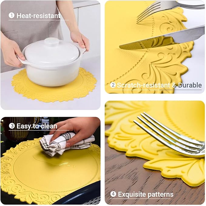 Noctiflorous Round Faux Leather 15 Inch Placemats Set of 4 Waterproof Wipeable Heat Resistant Tablemat for Dining Table Kitchen Non Slip Washable Oilproof Table Place Mat(Mango Yellow, 4)