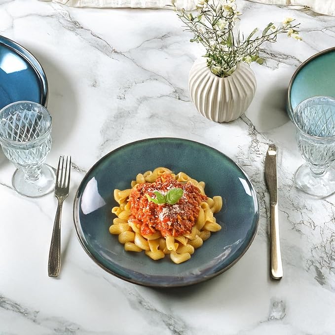 Ceramic Pasta Bowls, 28.2-ounce Pasta Dishes, Reactive Glaze Pasta Bowls, Set of 4, Large, Wide-Mouth Bowls for Salads, Desserts, and Fruit, Microwave-, Dishwasher-, and Oven-Safe.