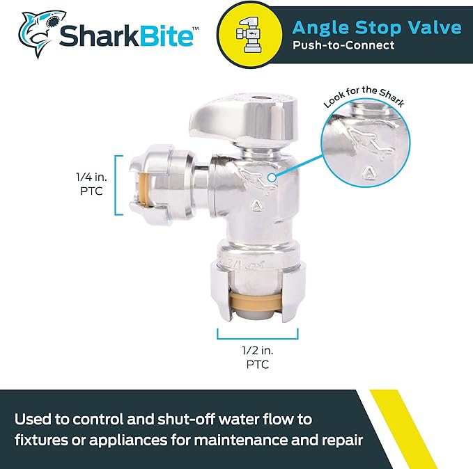 SharkBite 1/2 x 1/4 Inch (3/8 Inch OD) Compression Angle Stop Valve, Quarter Turn, Push to Connect Brass Plumbing Fitting, PEX Pipe, Copper, CPVC, PE-RT, HDPE, 23048-0000LF