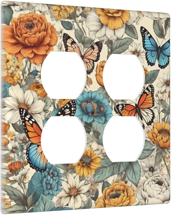 Light Switch Cover Vintage Colorful Floral Butterfly Flowers 2 Gang Decorative SwitchPlates Double Duplex Wall Plates Switch Plates and Outlet Covers for Bathroom Bedroom Decor