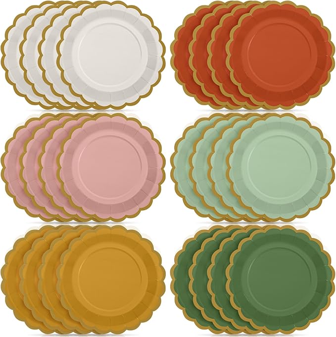 48 Pcs Fall Boho Paper Plates 9 Inch Gradient Scalloped Paper Disposable Dinner Dessert Plates for Birthday Wedding Bridal Party Supplies, 6 Colors