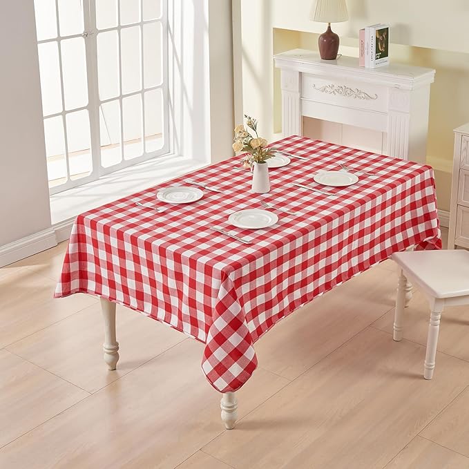 BALCONY & FALCON Gingham Table Cloth Rectangle – Reversible Water-Resistant Cotton Checkered Tablecloth for Valentine， Outdoor Picnic, Camping, Kitchen, Holiday Party Decor (Red White, 55x95 Inch)