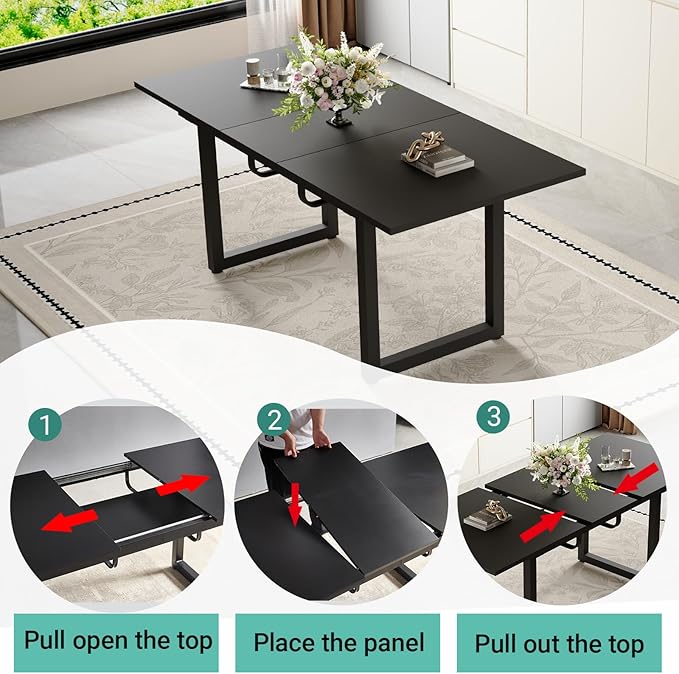 Extendable Dining Table Set for 6, 55"–71" Modern Black Kitchen Table with 6 Upholstered Chairs, Space-Saving for Living Room Apartment, Sturdy & Comfortable, Easy Assembly