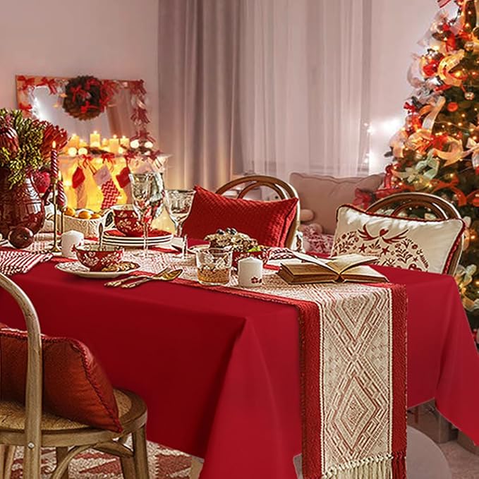 sancua Rectangle Tablecloth - 90 x 132 Inch - Water Resistant Spill Proof Washable Polyester Table Cloth, Decorative Fabric Table Cover for Dining Tables, Buffet Parties and Camping, Red