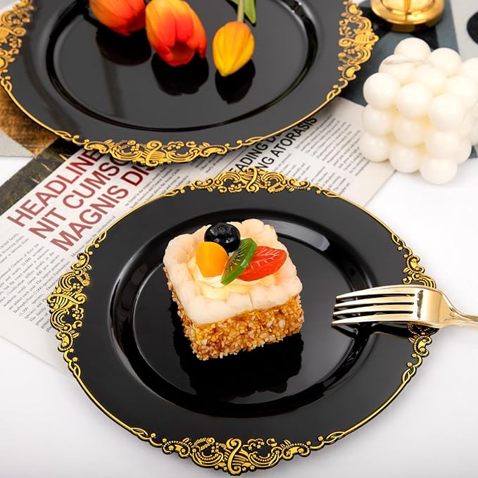 102PCS Black and Gold Plastic Plates - Black Disposable Plates - Heavyweight Disposable Plate with Gold Rim - Fancy Dinner & Dessert Plate for 51 Guests Weddings & Party