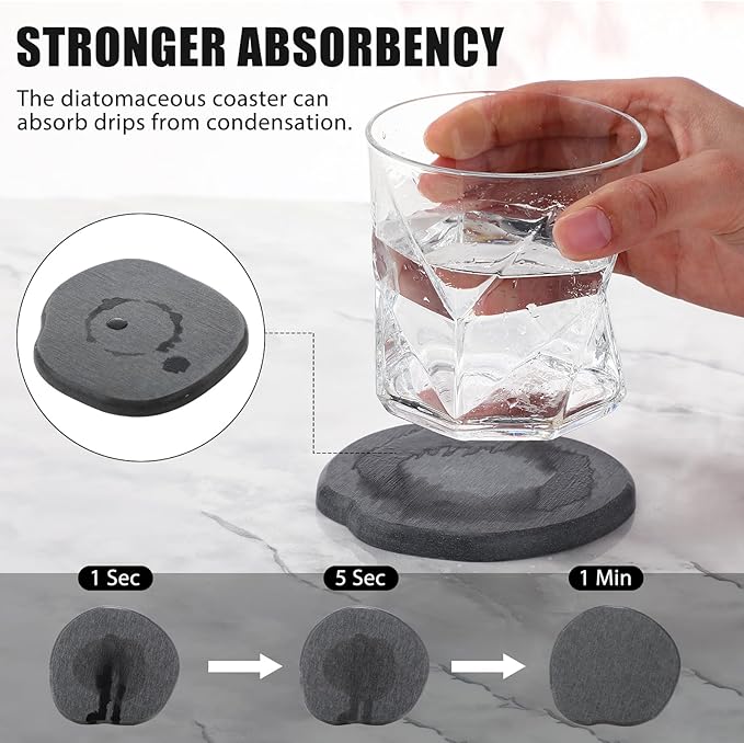 Diatomaceous Earth Coasters Set of 4，Cool Absorbent Quick-Dry Drink Coasters for Desks, Cute Modern Stone Design with Stylish Grey Aesthetic (4, Grey)