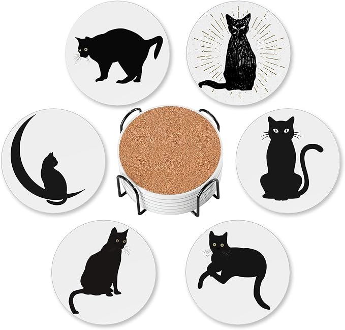 Coasters for Drinks Absorbent with Holder,Black Cat Sets of 6 Durable Cup Coaster for Coffee Table Protection,Great Housewarming Birthday Gifts,Home Decor