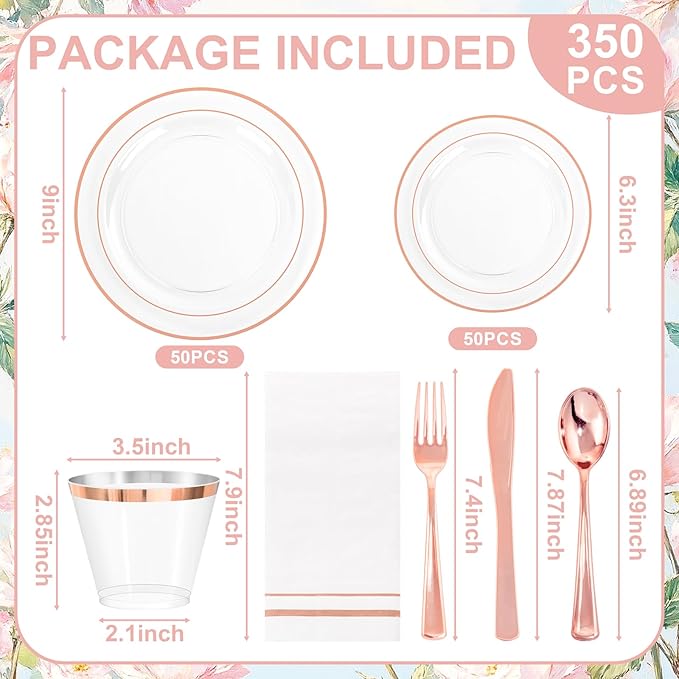 GATHER 350PCS Rose Gold Plastic Plates - Disposable Rose Gold Dinnerware Includes 100 Clear Rose Golds Rimmed Plastic Plates, 150 Silverware, 50 Napkins, 50 Cups for Party, Wedding, Valentine's Day