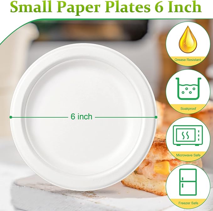 150 Pack Compostable Eco-friendly Plates: Small, White Plates (6 inch), Perfect for Dessert, Cake, Appetizer