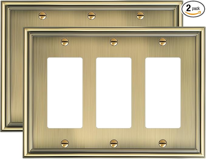 2-Pack Decorative Tripple Decorator Outlet Cover Plate, Durable Zinc Alloy Antique Brass Wall Plate for Electrical Outlets, Receptacle, GFCI Outlet, Dimmer Switch, 3-Gang, Corrosion Resistant