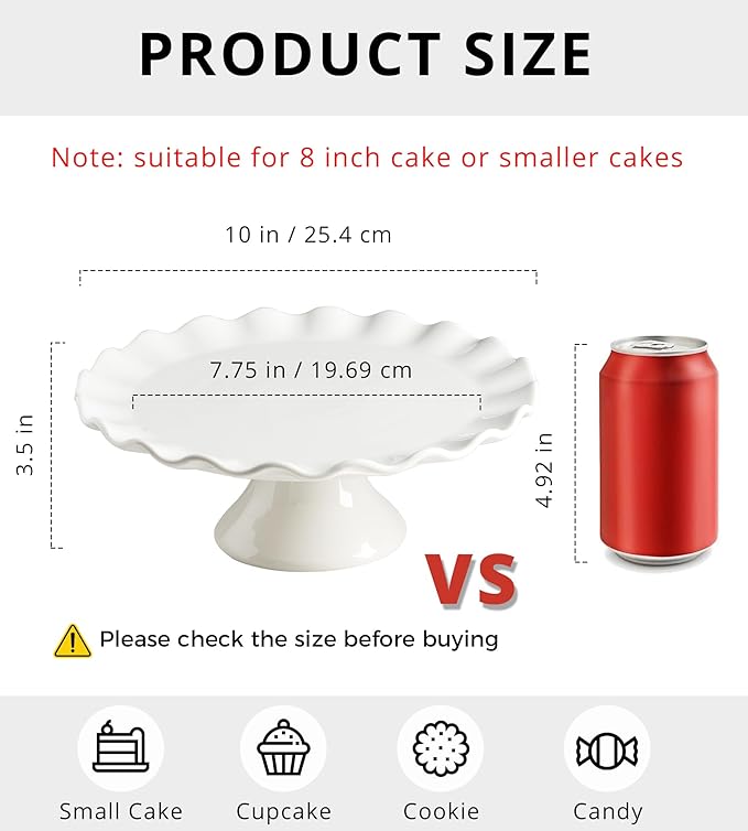 White Cake Stand, 10 Inch Cake Stands for Tea Party, Round Dessert Stand for 8 Inch Cake, Small Cake Plate Cupcake Stand for Dessert Table Display, Ruffle Trim
