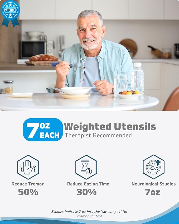 Adaptive Utensils (4-Piece Set) Weighted 7 oz - 42° Angled Utensils for Parkinson's Patients, Hand Tremors, Arthritis & Elderly - Eating Utensils for Elderly (Blue: Right Handed)