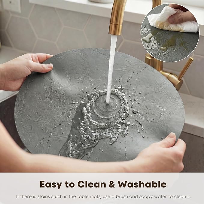 Artoid Mode Grey Faux Leather Placemats Set of 6, 15 Inch Waterproof Wipeable Heat Resistant Vinyl Place Mats, Reversible Table Mats for Winter Kitchen Dining Decor
