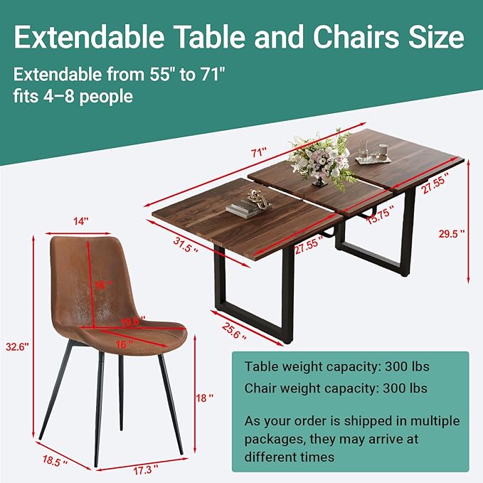 Extendable Dining Table Set for 8, 55"–71" Modern Wood Kitchen Table with 8 Upholstered Chairs, Space-Saving for Living Room Apartment, Sturdy & Comfortable, Easy Assembly