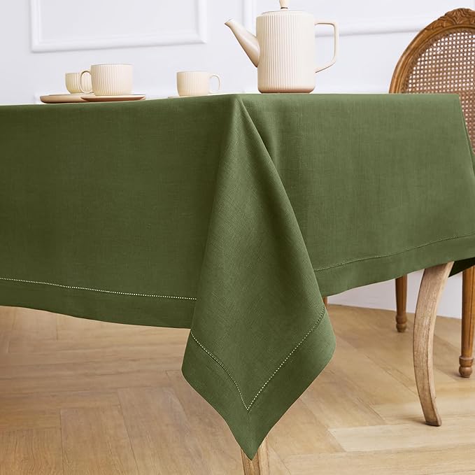 Solino Home Olive Linen Tablecloth 60 x 120 Inch - 100% Pure Linen Hemstitch Table Cloth for Rectangle Tables - Classic Hemstitch, Machine Washable Tablecloth for St Patricks Day
