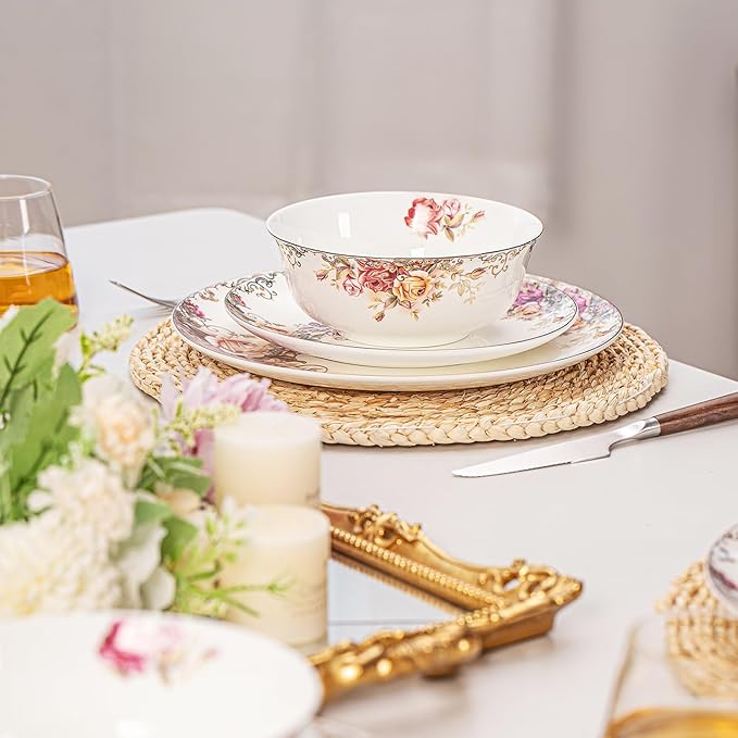 Dinnerware Sets, Plates Set, with Bowls, Artistic 12-Piece Ceramic Dinnerware, for Home Restaurant, Chip and Scratch Resistant, Microwave and Dishwasher Safe, Rose Collection