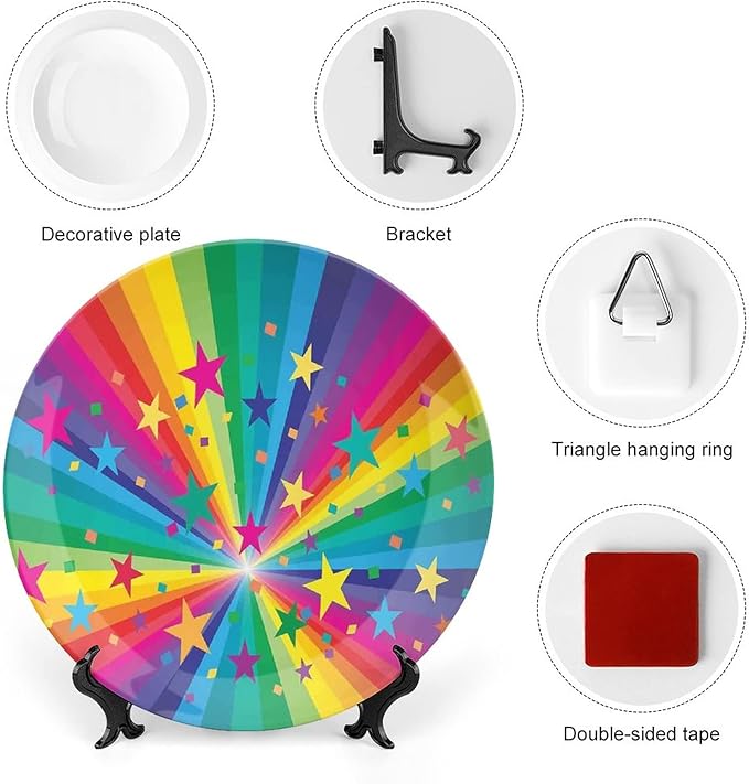 Ceramic Plates, Abstract Decor Decorative Ceramic Plates, Abstract Rainbow and Stars Confetti Rays Striped, 10 Inch, Household Plates Decorative, Multy