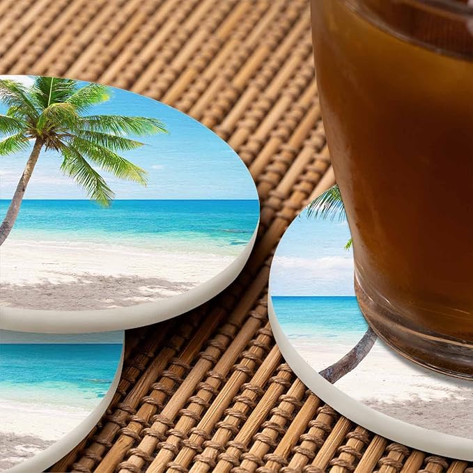 Beautiful Beach Table Coasters for Drinks Palm Tree Summer Paradise Tropical Island Scenery 100% Diatomite Home and Dining Room Bar Decor 4 X 4 X 0.35 Inch for Men Women