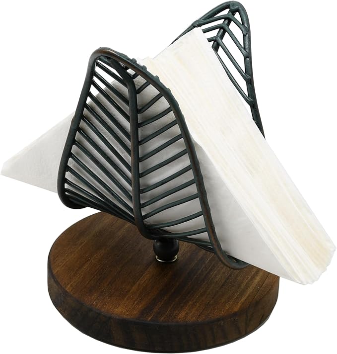 OwlGift Freestanding Modern Napkin Holder w/Golden Turquoise Wrought Iron Leaf & Brown Wooden Base Design, Tabletop Tissue Dispenser, Napkin Storage Organizer