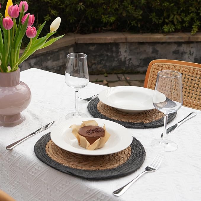 ANDSTAR Round Woven Placemats Set of 4, 12"x12", Natural Wicker Placemats, Water Hyacinth Straw Braided Placemats,Boho Place Mats for Farmhouse, Rustic Table (Water Hyacinth + Black Cotton Rope)