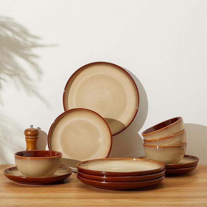 Ceramic Dishes Set for 8, 24 Piece Stoneware Dinnerware Sets, Chip and Scratch Resistant, Easy to Stack & Clean, Modern Rustic Look, Brown Yellow