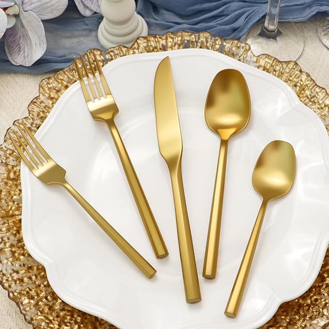 Silverware Set 40-Piece Stainless Steel Matte Gold Cutlery, Hand Forged Thick Hexagon Handle Flatware Sets, Service for 8