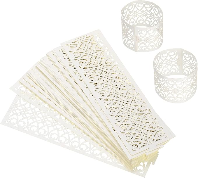 uxcell 100Pcs Napkin Rings Laser Cut Foil Paper, Napkin Holder Hollow Napkin Bands for Weddings Party Serviette Table Decoration Restaurant (Beige, 5.3 x 1.6)