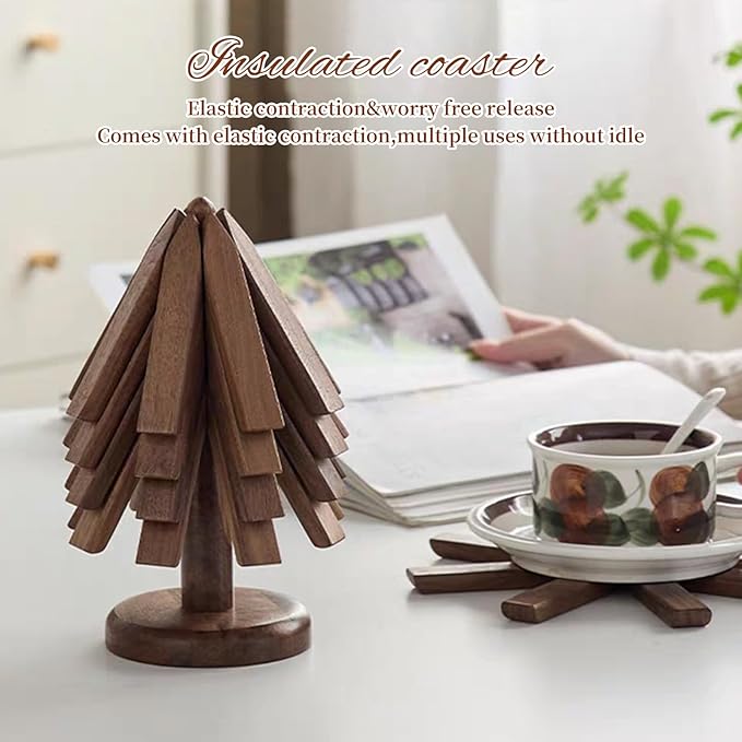 Trivets for Hot Dishes - Tree Washer Set, Wooden Pinwheel Coaster Set with Stand for Easy Storage - for Fondue pots, Pans, Bowls, teapots, Warming Trays - Versatile Decorations (A Walnut 4 pcs)