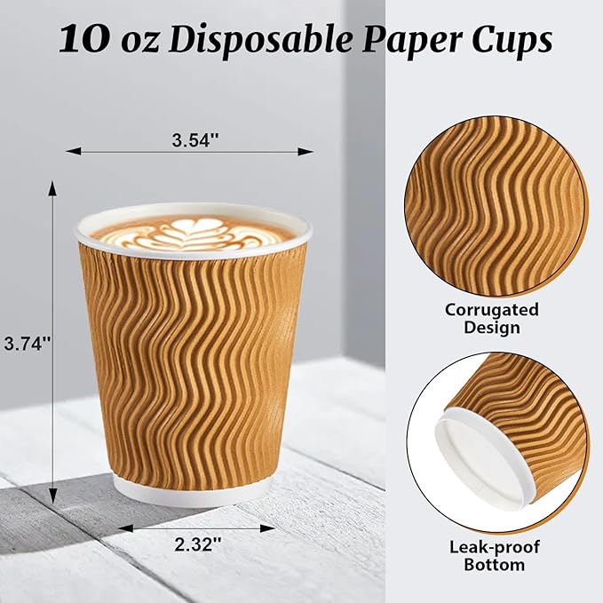 120 Pack 10 oz Coffee Cups, Disposable Corrugated Insulated Ripple Wall Paper Coffee Cups 10oz for Hot or Cold Drinks Office Home Cafe Party Travel (Champagne)