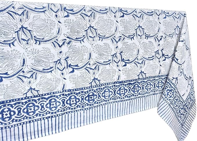 ATOSII ‘Santorini’ 100% Cotton Fall Tablecloth, Handblock Print Blue Square Table Cloth for Kitchen I Dining Table Linen I Parties Wedding Christmas Thanksgiving I Fall Decor 60 X 60 Inches
