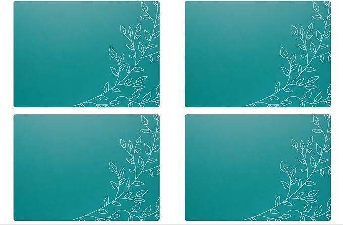 Royalty Art Deep Sea Green Boho Placemats, 4 Pc. Set, Non-Slip Cork Backed, Wipeable Heat Resistant Surface for Kitchen and Dining Table Protection, Cute Floral Pattern for Farmhouse or Rustic Decor