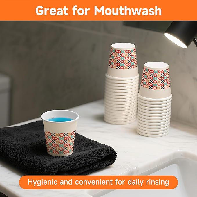 600 Pack 3 oz Bathroom Cups, Disposable Paper Cups with Rolled Rim, Small Paper Mouthwash Cup for Guest Bathrooms, Vanity & Office Use, Puzzle