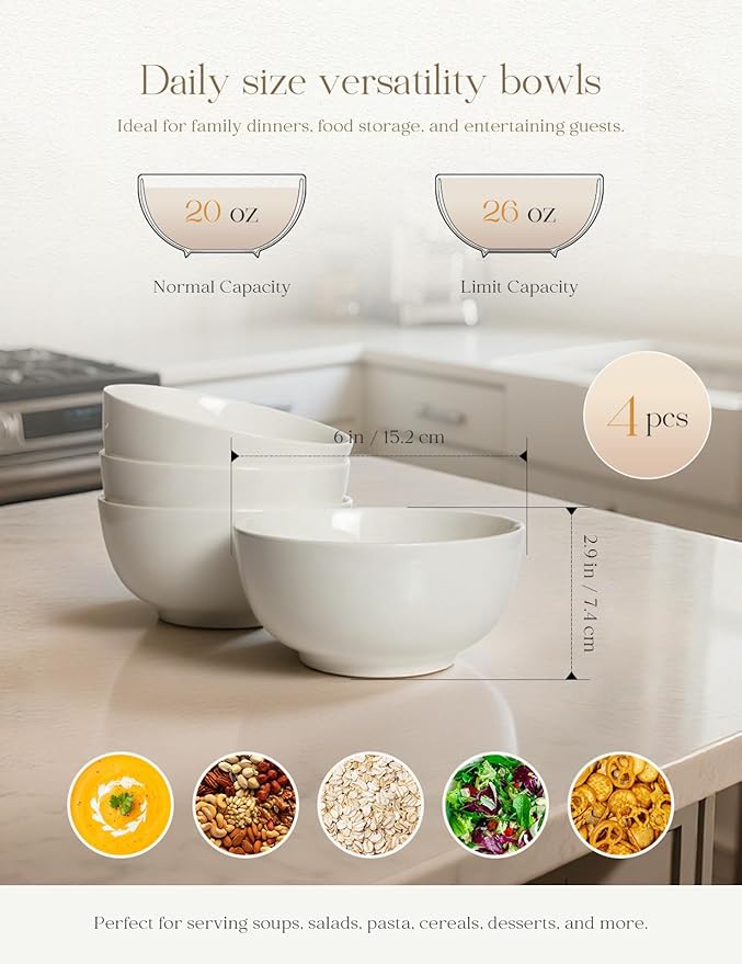 AISBUGUR 26 OZ Soup Bowls,6Inch Ceramic White Bowls Set of 4 for Kitchen,Cereal Bowls for Soup, Cereal, Oatmeal, Fruit, Rice,Bowls Set for Dishwasher & Microwave Safe