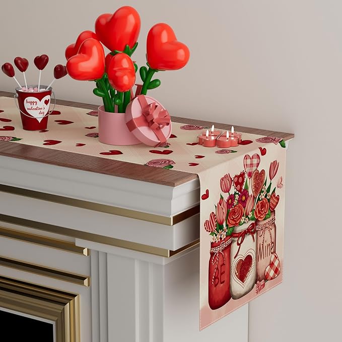 XCHI Roses Flowers Love Hearts Vase Valentine’s Day Table Runner Table Decoration for Party Home Kitchen Dining Dinner Holiday Decor 13x60 Inch