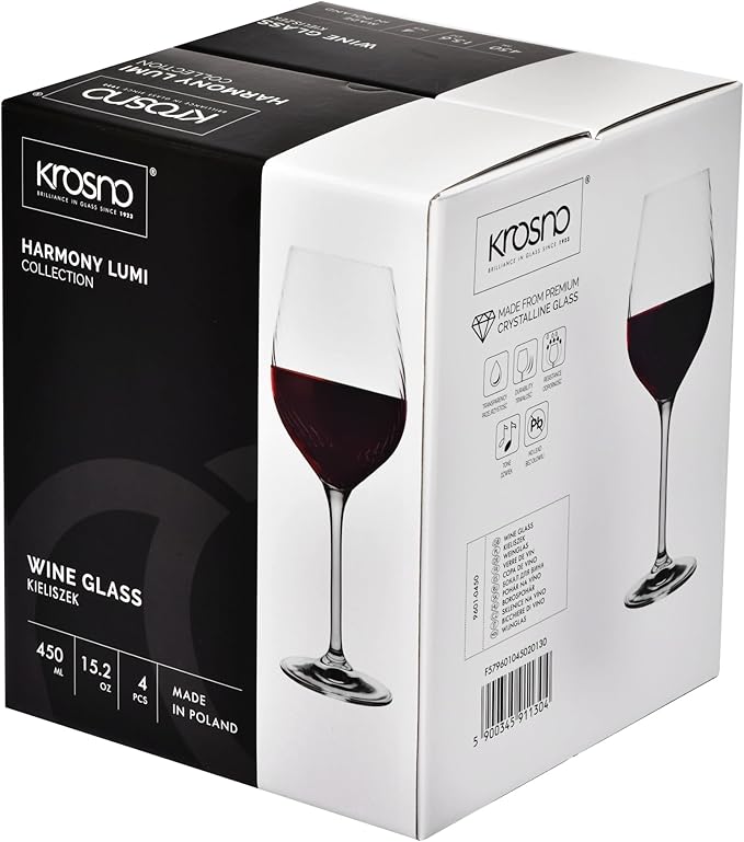 Krosno Red Wine Glasses | Set of 4 | 15.2 oz | Harmony LUMI Collection | Wedding Gift Drinkware | Perfect for Home, Restaurants and Kitchen Sets | Dishwasher Safe | Lead-Free Crystal Glass