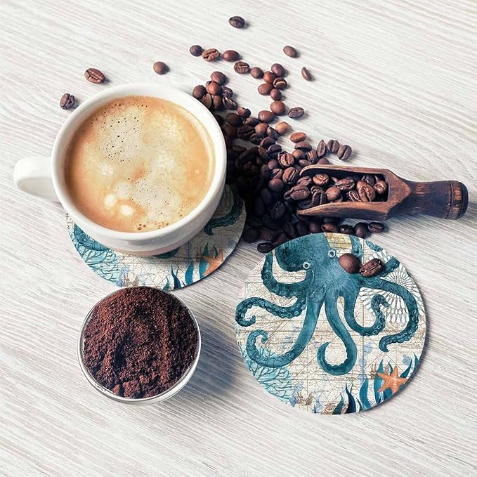 Grunge Octopus Drink Coasters Modern Sea Adventure Ocean Map Cool Marine Animal Wildlife Housewarming Presentss for New Home Present for Friends,2 Pcs,4 X 4 X 0.35 Inches