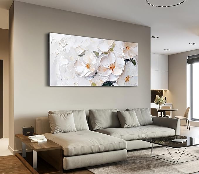 ADJUVANT Wall Art Impressionist Minimalist White Floral 48"L x 24"W, White Flowers With Subtle Tones Canvas Painting Delicate Petals Artwork Floral Wall Decor for Living Room Bedroom Bathroom Home Office