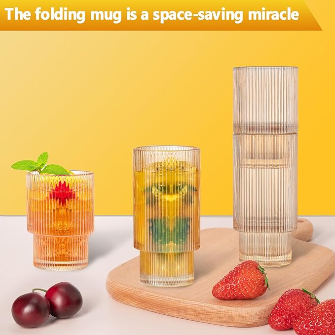 12 Pack Ribbed Drinking Glasses – Amber Glassware Set, 6 Highball 16Oz & 6 Rocks 6Oz Cups, Elegant Ribbed Glassware, Vintage Drinking Glasses For Water, Juice, Cocktails, Whiskey, Beer
