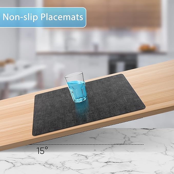 Placemats Set of 8 Washable, Heat Resistant Table Placemats Wipeable Faux Leather Place Mats Non Slip, Waterproof Square Table Mats for Indoor Outdoor, Charcoal Gray
