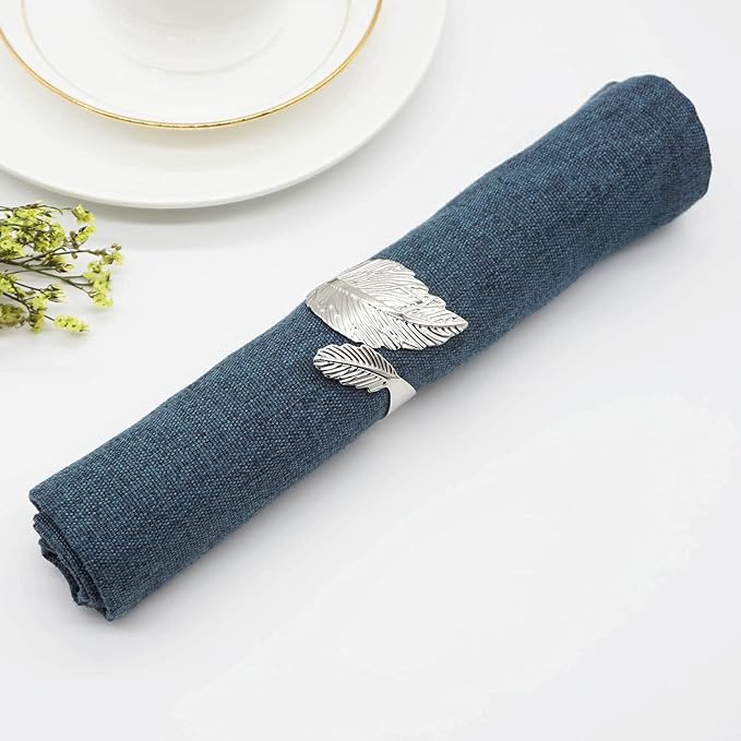 Silver Leaf Napkin Rings Set of 6, Leaves Napkin Rings for Table Setting, Metal Leaf Napkin Holder Rings for Holiday Party, Wedding, Banquet, Formal or Casual Dinning Table Decor (Silver)